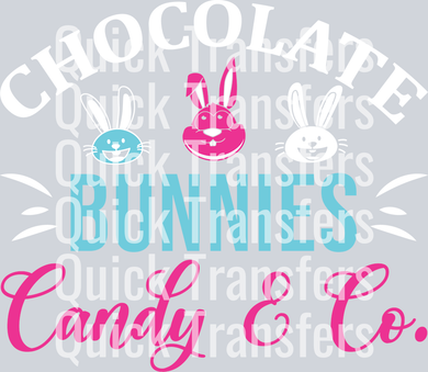 The Vibrant Chocolate Bunnies Candy And Co Easter DTF Transfer by Quick Transfers shows three cartoon bunny faces and the text 