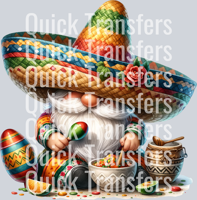 Add festive flair to custom apparel with the Quick Transfers Vibrant Fiesta Gnome With Sombrero And Salsa Transfer—featuring a cheerful gnome in a colorful sombrero and poncho, surrounded by Mexican-themed decorations. Perfect for DTF projects!.