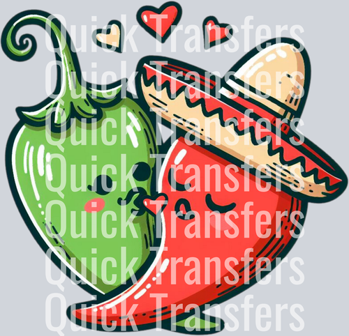 The Adorable Spicy Chili Lovers Kiss Sombrero DTF Transfer by Quick Transfers features two smiling chili peppers in a sombrero, touching cheeks with a floating heart—perfect for adding affection and flair to your favorite item.