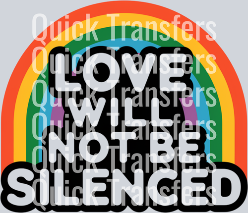 Show your pride and resistance with the “Love Will Not Be Silenced” DTF transfer from Quick Transfers—featuring a black fist raised before a rainbow, this high-quality, ready-to-press design is perfect for easy application.