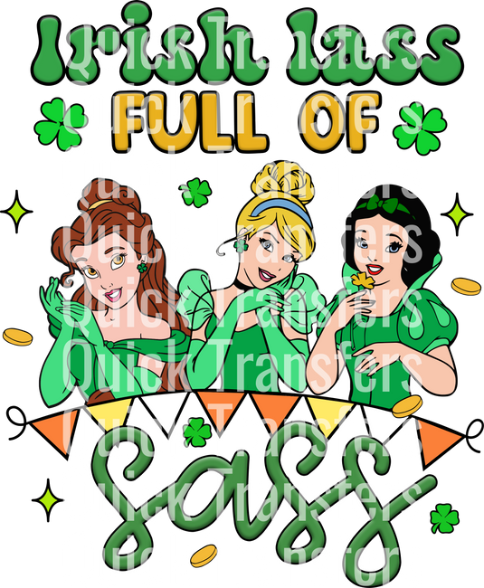 Three women in green dresses and hats, surrounded by clovers and gold coins, are featured in the 