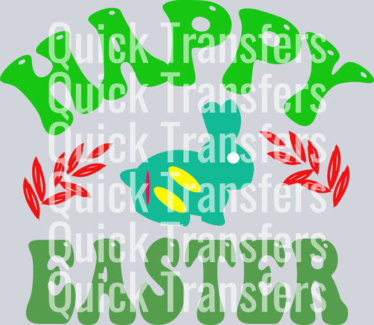 Charming Retro Happy Easter Bunny Vibrant DTF Transfer by Quick Transfers features a colorful design with decorated eggs and red leaf accents. The 