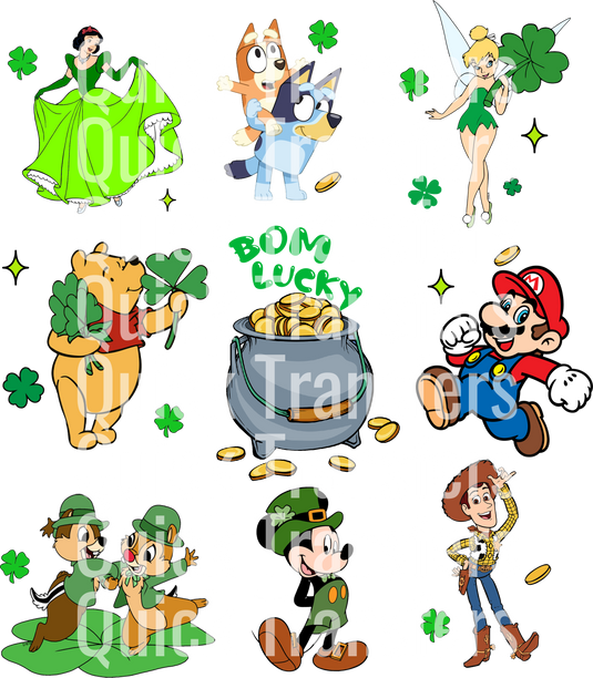 The Lucky Charm Design by Quick Transfers features cartoon characters, clovers, coins, and a pot of gold, with "Quick Transfers" repeatedly overlaid in bold text.