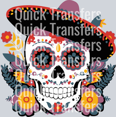 The Vibrant Day Of The Dead Sugar Skull Floral Press Transfer by Quick Transfers features a colorful sugar skull with floral patterns and a black sombrero, surrounded by vibrant flowers—perfect for custom DTF transfers and ready to press projects.