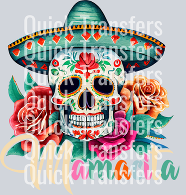 The Vibrant Sugar Skull Sombrero Roses Mamacita Transfer by Quick Transfers showcases a colorful sugar skull in a green sombrero with vivid roses, leaves, and 