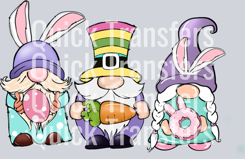 Adorable Easter Gnome Trio With Bunny Ears DTF Transfer by Quick Transfers features three festive gnomes, perfect for heat press projects. A 