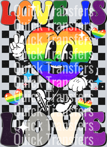The Quick Transfers Vibrant Rainbow Love Celebration DTF Transfer features 