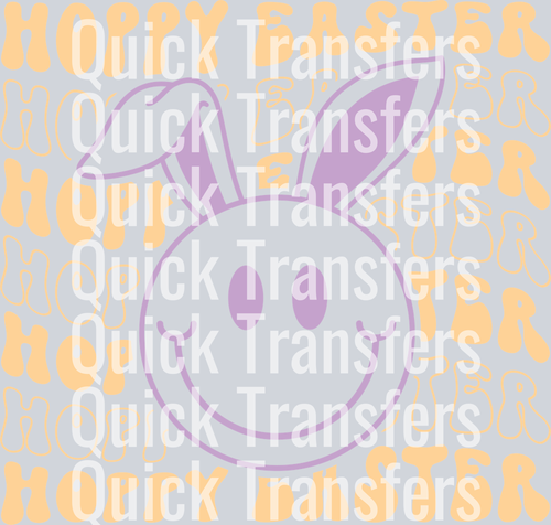 The Hoppy Easter Bunny Face Vibrant DTF Ready To Press Transfer by Quick Transfers features a smiling bunny with a bent ear and “Hoppy Easter” in yellow—ideal for your Easter celebration designs or DTF transfer projects.