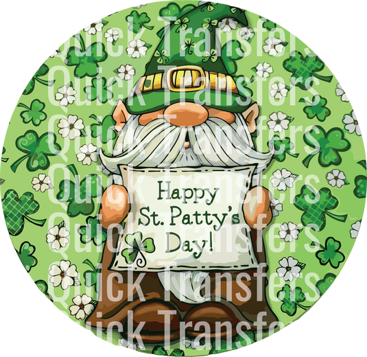 An illustration of a gnome in a green hat and striped socks holding a "Happy St. Patty's Day!" sign amidst shamrocks, overlaid with "Quick Transfers," from the Festive Gnome Celebrating St. Patrick's Day - Ready To Press DTF Transfer collection by Quick Transfers.