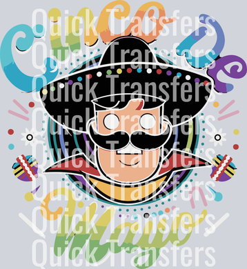 The Vibrant Cinco De Mayo Sombrero Mustache Maracas Transfer by Quick Transfers features a festive mustached man in a sombrero with sunglasses, vibrant florals, maracas, and confetti—ready to press for your next DTF project.