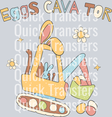 The Adorable Eggscavator Bunny Easter Eggs DTF Transfer by Quick Transfers features a cute bunny in a pastel excavator with Easter eggs and playful “EGGS CAVATOR” text—perfect for creative apparel or festive DIY projects.