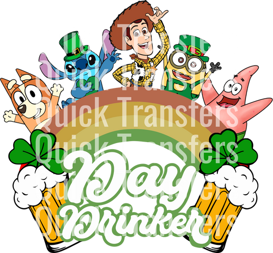 Cartoon characters celebrate behind a rainbow with "Day Drinker" text. Two foamy beer mugs flank the scene, with a shamrock at the base, and a "Quick Transfers" watermark graces this Day Dreaming Vibes Design - Ready To Press DTF Transfer.