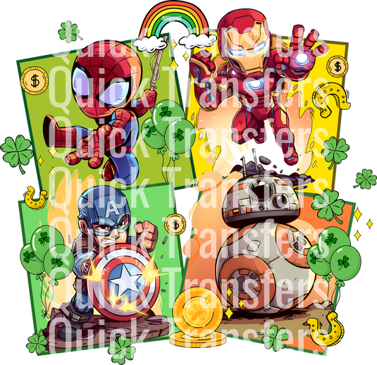 Cartoon-style illustration with superheroes and a robot on green/yellow backgrounds, adorned with clovers, coins, and a rainbow. Product: Vibrant St. Patrick's Day Celebration Design - Ready To Press DTF Transfer by Quick Transfers.