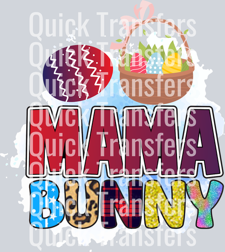The Quick Transfers Charming Colorful Mama Bunny Easter Egg Basket DTF Transfer features vibrant eggs, a festive basket, and “MAMA BUNNY” text—ideal for creating custom apparel with your heat press on light backgrounds.