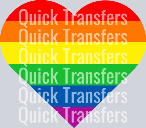 The Gay Heart by Quick Transfers features a rainbow-striped heart with large, semi-transparent white 