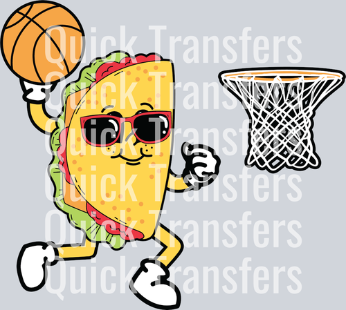 Add playful energy to your apparel with the Epic Taco Hoops Mascot With Sunglasses DTF Transfer by Quick Transfers, featuring a cheerful taco in shades and sneakers dribbling a basketball—ideal for custom designs.