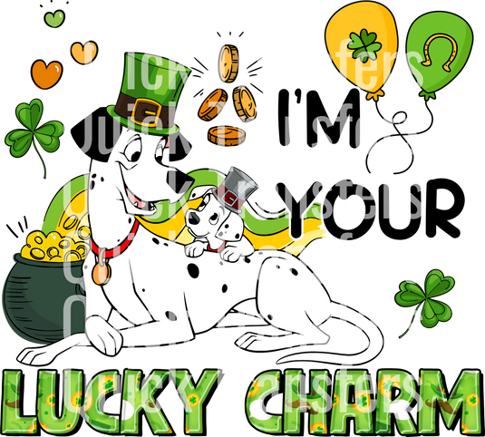 Two cartoon Dalmatians in green hats, surrounded by shamrocks, a pot of gold, and coins. Background features balloons with hearts, horseshoes, and "Lucky Charm" text. Product: Charming Design For Good Fortune - Ready To Press DTF Transfer by Quick Transfers.