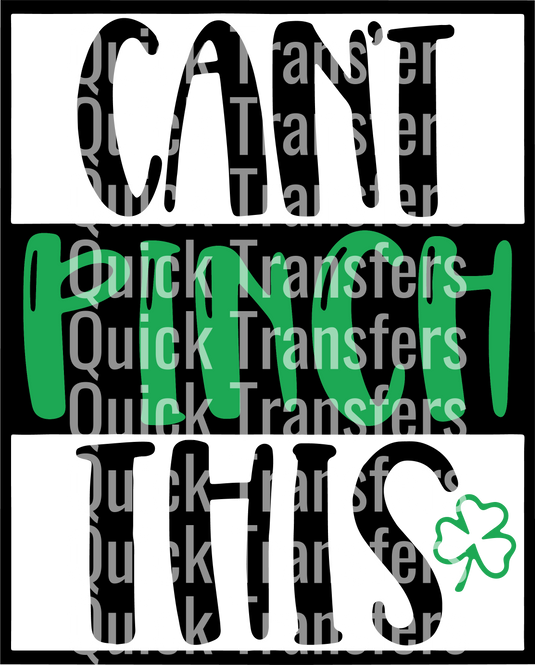 The image showcases the Cant Pinch This Funny St Patrick's Day DTF Transfer from Quick Transfers, with "Quick Transfers" repeated in white and gray on a black background. The word "PINCH" is in green at the center, and there’s a small green shamrock design at the bottom right.