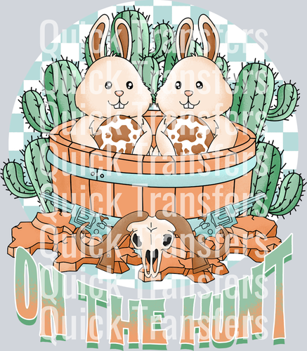 The Charming Chibi Western Cowhide Bunny Tub Cactus Transfer by Quick Transfers features two brown-spotted bunnies in a wooden tub with cacti, cow skull, cowboy boots, 