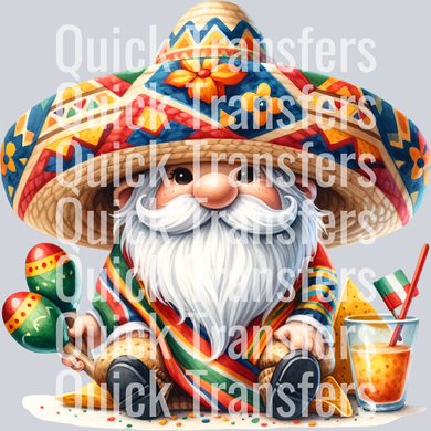 The Vibrant Fiesta Sombrero Gnome Maracas Flag Transfer by Quick Transfers features a white-bearded gnome in a colorful sombrero and poncho, holding maracas beside a drink with a Mexican flag, with vibrant floral accents in the background.