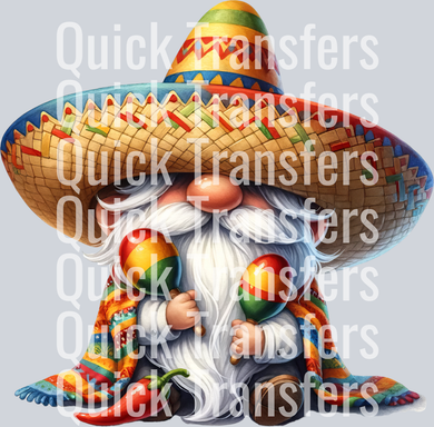 The Vibrant Fiesta Gnome With Sombrero And Maracas Transfer by Quick Transfers features a fun gnome in a sombrero and poncho with maracas. Ideal for custom apparel, it’s ready to press and easy to apply!.