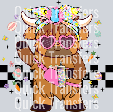 The Easter Pastel Highland Cow Whimsical Sunglasses Transfer by Quick Transfers features a Highland cow in heart-shaped sunglasses, headscarf, and accessories, with Easter eggs and flowers—ideal for heat press or DTF crafting projects.
