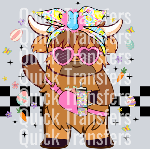 The Easter Pastel Highland Cow Whimsical Sunglasses Transfer by Quick Transfers features a Highland cow in heart-shaped sunglasses, headscarf, and accessories, with Easter eggs and flowers—ideal for heat press or DTF crafting projects.