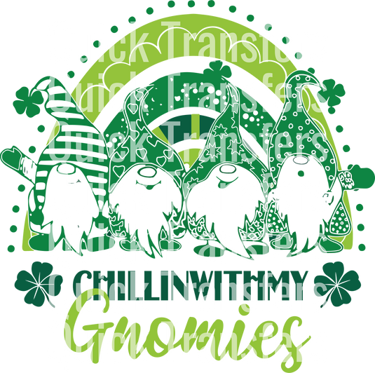 A stylized gnome graphic with a clover hat is adorned by shamrocks, four-leaf clovers, a rainbow, and green accents. "Quick Transfers" is repeatedly overlaid in white text. Product: Chillin With My Gnomies St Patricks Day Design - Ready To Press DTF Transfer. Brand: Quick Transfers.