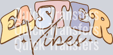 The Pastel Retro Easter Vibes Sparkle Ready To Press Transfer by Quick Transfers features colorful bubble letters and sparkles on a light gray background—perfect as an Easter DTF transfer for custom apparel. Ready to press!.