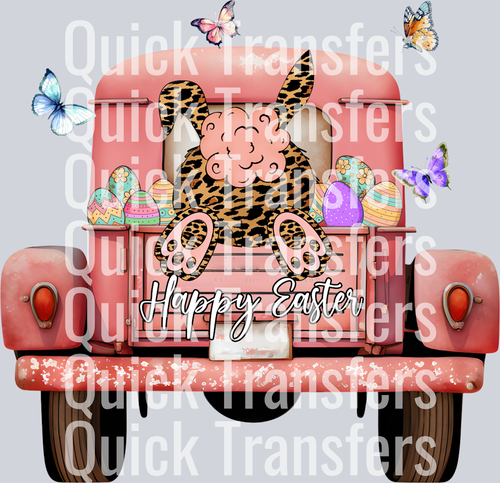 The Happy Easter Vintage Pink Leopard Bunny Truck Transfer by Quick Transfers features a pink truck with leopard bunny, Easter eggs, butterflies, and florals. 