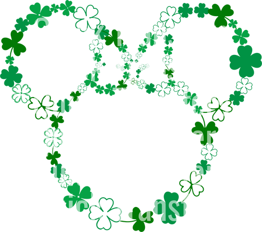 The image showcases the phrase "Quick Transfers" five times in white, over a heart-shaped arrangement of green shamrocks on a black background. Product: Charming Clover Design For Custom Creations - Ready To Press DTF Transfer by Quick Transfers.