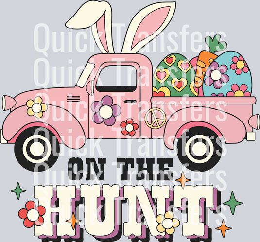 The Quick Transfers Adorable Vintage Easter Bunny Truck On The Hunt Transfer features a pink vintage truck with bunny ears, flowers, Easter eggs, and a carrot. 