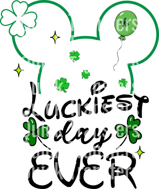 The image shows "Quick Transfers" repeated vertically seven times, with shamrock-accented letters. Faint green Mickey Mouse ears and more shamrocks appear in the background. The design is called "Luckiest Day Ever Celebration Design" by Quick Transfers, ready to press DTF transfer.