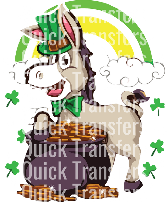 A cartoon donkey in a green hat and bow tie stands on a pot of gold coins, with a rainbow, shamrocks, and clouds in the background. The words "Quick Transfers" are repeated. Product: Cute Baby Horse With Rainbow Shamrock Design - Ready To Press DTF Transfer by Quick Transfers.