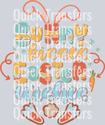 The Quick Transfers Bunny Kisses Easter Wishes Colorful Vintage DTF Transfer features bright Easter text with decorated letters, bunny ears, eggs, a carrot, and flowers—perfect for festive DIY clothing with a heat press.