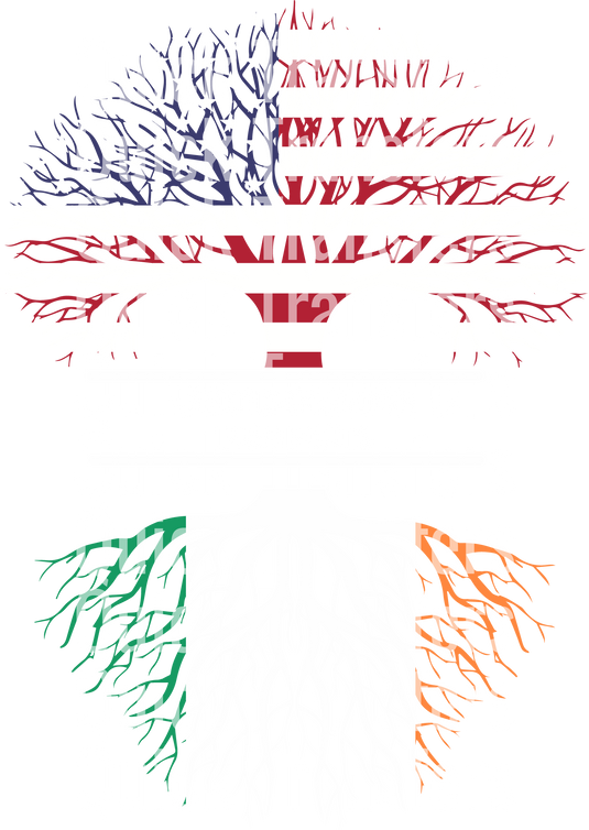 An image displays "Quick Transfers" repeatedly over a tree with branches resembling the Union Jack and roots resembling the Irish flag. Text reads "Irish Roots." Product: American Grown Irish Pride Design - Ready To Press DTF Transfer. Brand: Quick Transfers.