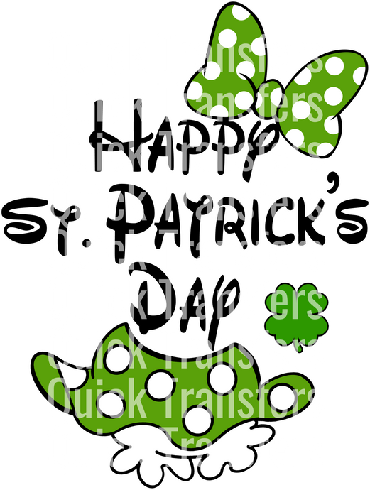 A cartoon-style design featuring a green polka-dotted bow, shamrock, and clover with festive overlapping white text reading 