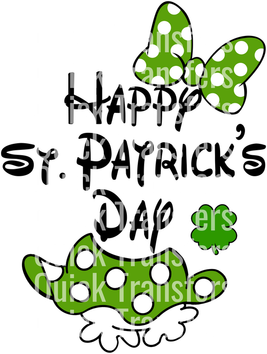 A cartoon-style design featuring a green polka-dotted bow, shamrock, and clover with festive overlapping white text reading "Happy St. Patrick's Day" by Quick Transfers. Background includes "Quick Transfers.