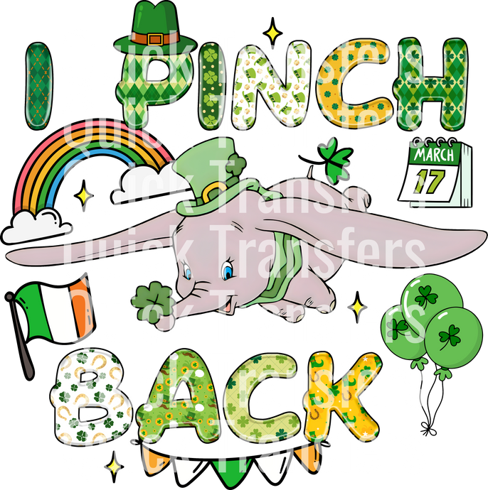 Quick Transfers' Vibrant Pinch Back Design features a cartoon elephant in a green hat amidst St. Patrick's Day symbols: shamrocks, March 17 calendar, Irish flag, and rainbow with 