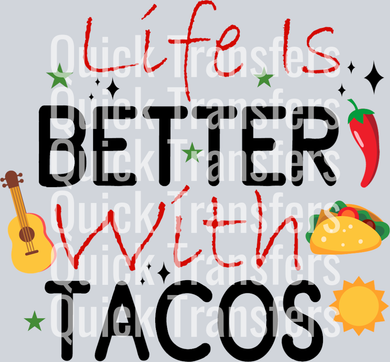 The Quick Transfers Life Is Better With Tacos Fiesta Guitar Pepper DTF Transfer features the phrase “Life’s Better With Tacos” with vibrant chili, taco, guitar, lime, and star graphics—ideal for custom garments or ready to press designs.