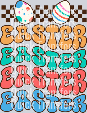 Groovy Retro Easter Bubble Letters Pastel Eggs Transfer by Quick Transfers features colorful, retro 