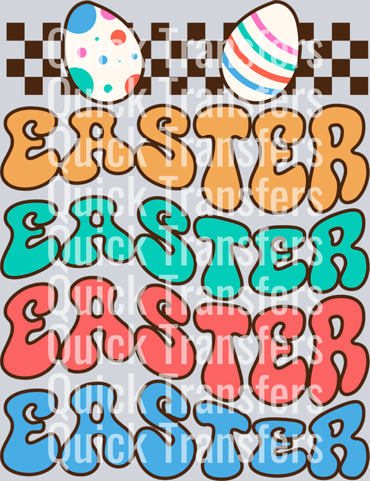 Groovy Retro Easter Bubble Letters Pastel Eggs Transfer by Quick Transfers features colorful, retro 