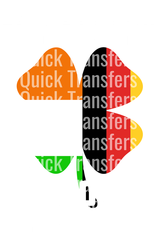 The Half Irish Half German St Patrick's Day Charm - Ready To Press DTF Transfer by Quick Transfers showcases geometric shapes in orange, black, red, and green with a central white rectangle over an abstract background featuring "Quick Transfers" repeatedly.