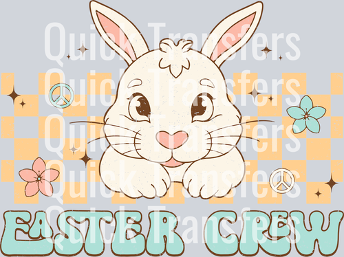 The Adorable Easter Crew Bunny Retro Checkered Transfer by Quick Transfers features a cute white bunny with pink ears and nose, surrounded by flowers and peace signs, plus 