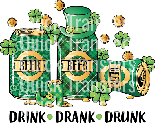 Illustration of beer cans, clovers, gold coins, and a leprechaun hat and shoes with "Drink Drank Drunk St Patricks Day Beer Transfer" by Quick Transfers overlaid multiple times.