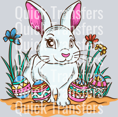 The Charming Easter Bunny With Eggs And Flowers DTF Transfer by Quick Transfers features a cute white bunny with pink ears among colorful eggs and spring flowers, ideal for crafts and festive designs.