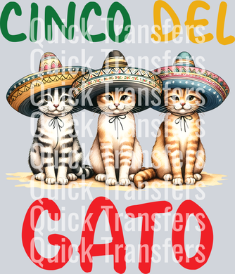 Celebrate Cinco de Mayo with Quick Transfers’ Exquisite Vibrant Colorful Floral Dreams DTF Transfer: features three sombrero-wearing cats, bold 