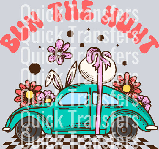 The Vibrant Bunny Car Floral Retro Ready To Press Transfer by Quick Transfers features a teal car with bunny ears, a pink bow, a sack on top, colorful flowers, and 