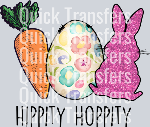 The Hippity Hoppity Easter Glitter Bunny Egg Carrot Transfer by Quick Transfers features a pink glitter bunny, decorated egg, and orange carrot above 