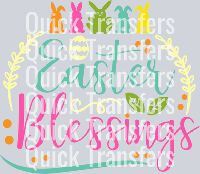 The Vibrant Easter Blessings Bunny Egg DTF Print Transfer by Quick Transfers features bunny silhouettes, decorated eggs, leaves, and 
